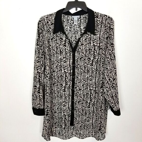 Catherines Womens Tunic Top 3X Herringbone Print Button Up Roll Tab Sleeve Black - Picture 1 of 7